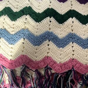 Afghan hand made 60 x 71  couch throw blue green white pink purple